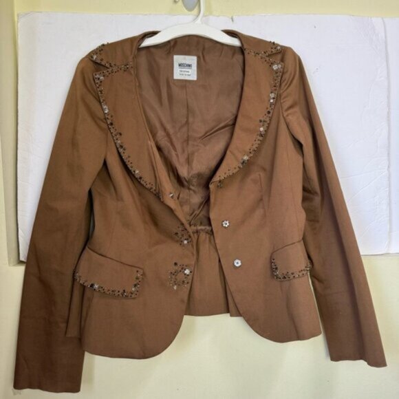 Moschino Vintage Beaded Cotton Peplum Blazer Jacket Cheap &Chic Ruffles Flare 10 - Picture 3 of 16